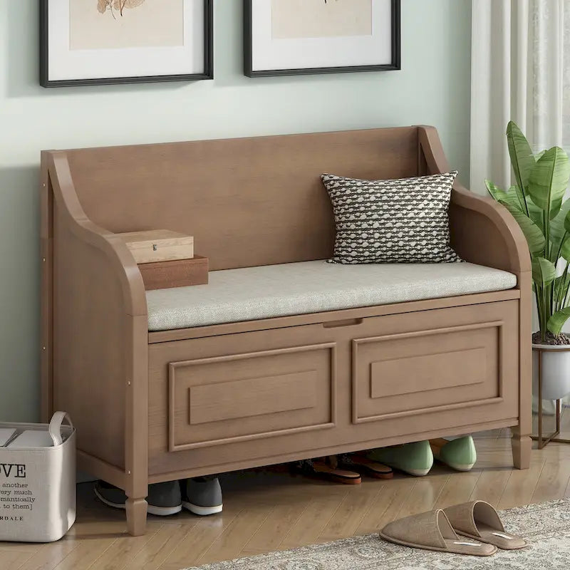 Banc de rangement multifonctionnel en bois massif de style rustique pour entrée avec charnière de sécurité