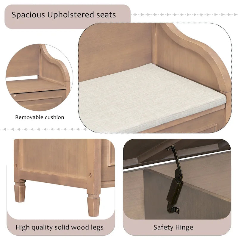 Banc de rangement multifonctionnel en bois massif de style rustique pour entrée avec charnière de sécurité