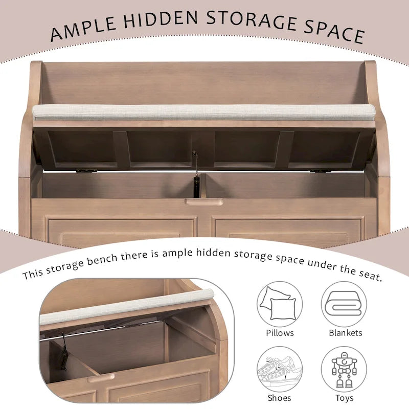 Banc de rangement multifonctionnel en bois massif de style rustique pour entrée avec charnière de sécurité