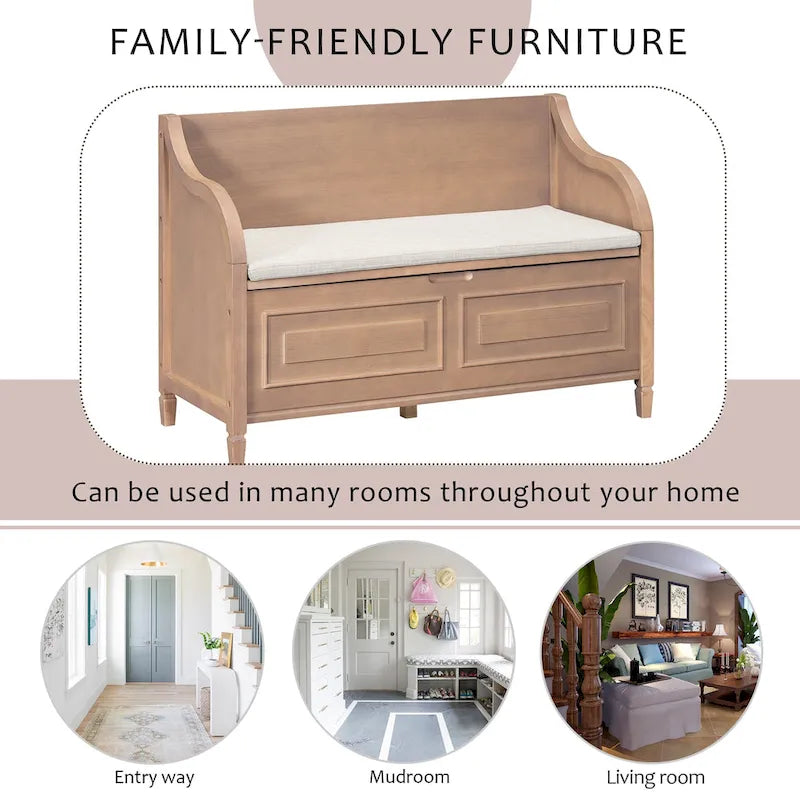 Banc de rangement multifonctionnel en bois massif de style rustique pour entrée avec charnière de sécurité