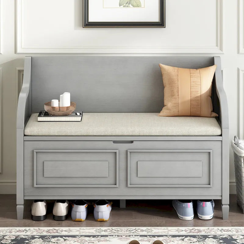 Banc de rangement multifonctionnel en bois massif de style rustique pour entrée avec charnière de sécurité