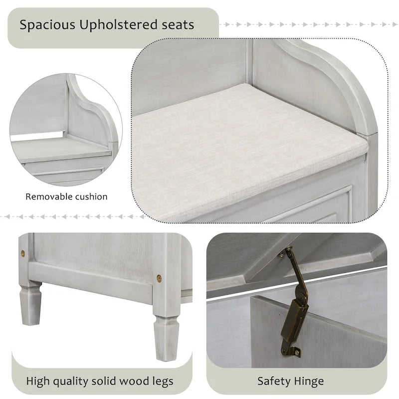 Banc de rangement multifonctionnel en bois massif de style rustique pour entrée avec charnière de sécurité