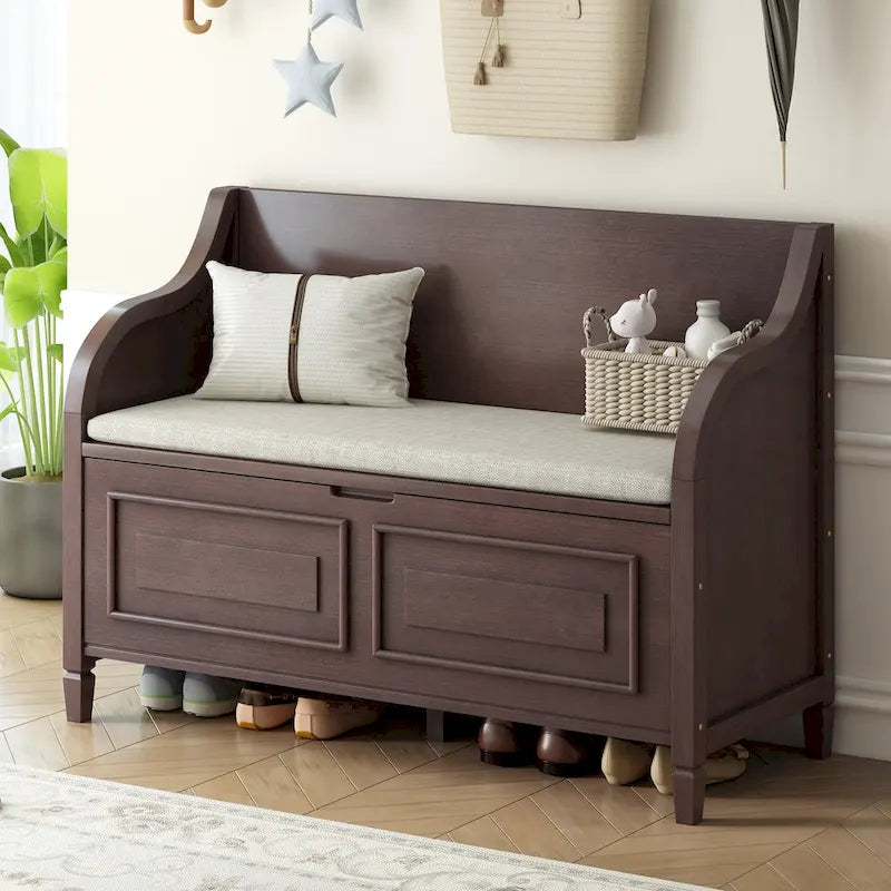 Banc de rangement multifonctionnel en bois massif de style rustique pour entrée avec charnière de sécurité