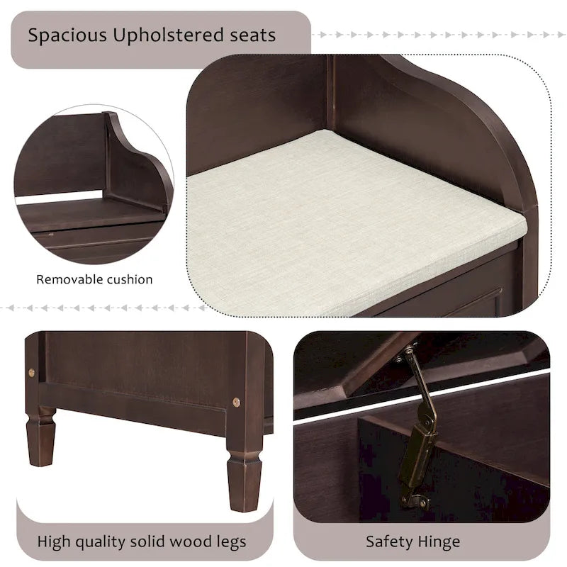 Banc de rangement multifonctionnel en bois massif de style rustique pour entrée avec charnière de sécurité