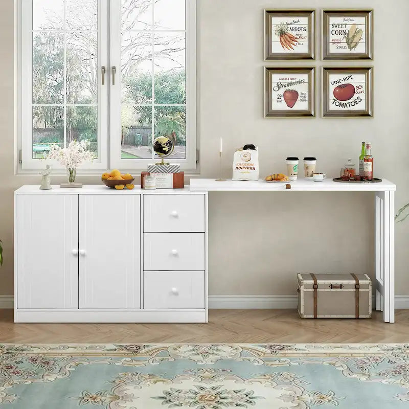 Buffet innovant avec 2 portes, 3 tiroirs et plateau coulissant réglable pour une utilisation flexible, idéal pour l'entrée et le salon