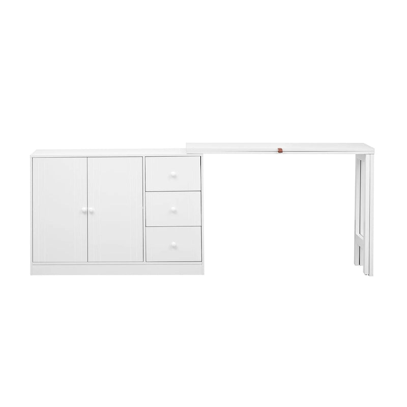 Buffet innovant avec 2 portes, 3 tiroirs et plateau coulissant réglable pour une utilisation flexible, idéal pour l'entrée et le salon