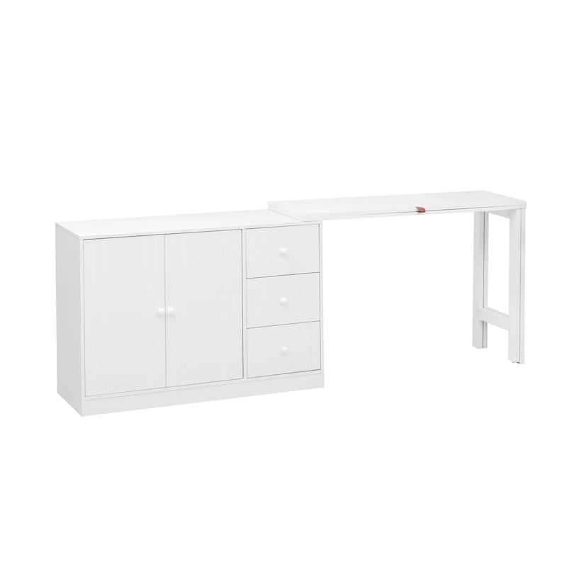 Buffet innovant avec 2 portes, 3 tiroirs et plateau coulissant réglable pour une utilisation flexible, idéal pour l'entrée et le salon