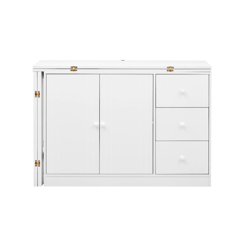 Buffet innovant avec 2 portes, 3 tiroirs et plateau coulissant réglable pour une utilisation flexible, idéal pour l'entrée et le salon