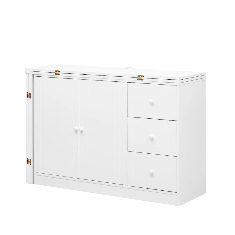 Buffet innovant avec 2 portes, 3 tiroirs et plateau coulissant réglable pour une utilisation flexible, idéal pour l'entrée et le salon