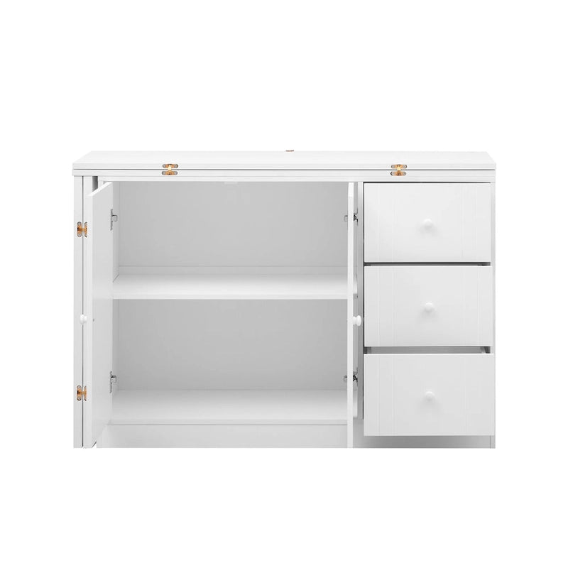 Buffet innovant avec 2 portes, 3 tiroirs et plateau coulissant réglable pour une utilisation flexible, idéal pour l'entrée et le salon