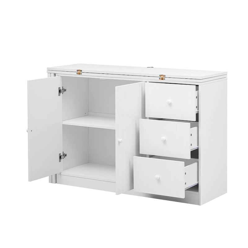 Buffet innovant avec 2 portes, 3 tiroirs et plateau coulissant réglable pour une utilisation flexible, idéal pour l'entrée et le salon