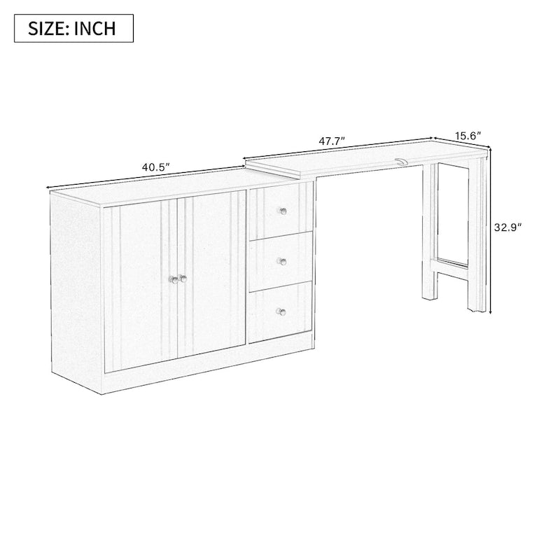 Buffet innovant avec 2 portes, 3 tiroirs et plateau coulissant réglable pour une utilisation flexible, idéal pour l'entrée et le salon