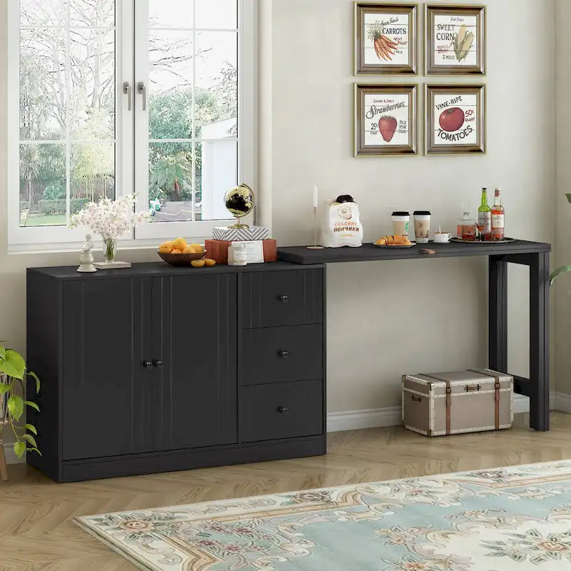 Buffet innovant avec 2 portes, 3 tiroirs et plateau coulissant réglable pour une utilisation flexible, idéal pour l'entrée et le salon