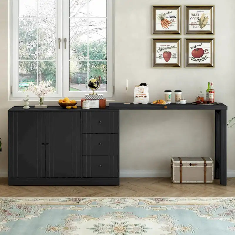 Buffet innovant avec 2 portes, 3 tiroirs et plateau coulissant réglable pour une utilisation flexible, idéal pour l'entrée et le salon