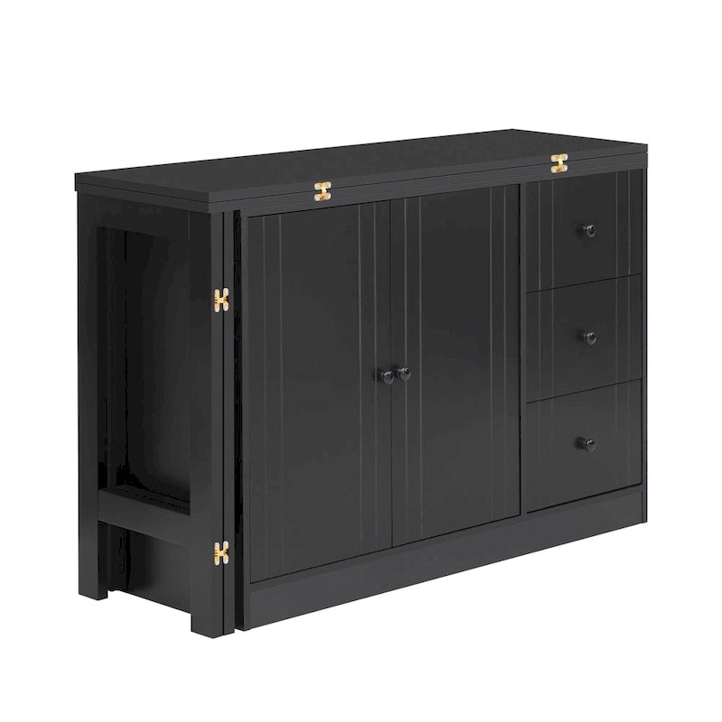 Buffet innovant avec 2 portes, 3 tiroirs et plateau coulissant réglable pour une utilisation flexible, idéal pour l'entrée et le salon