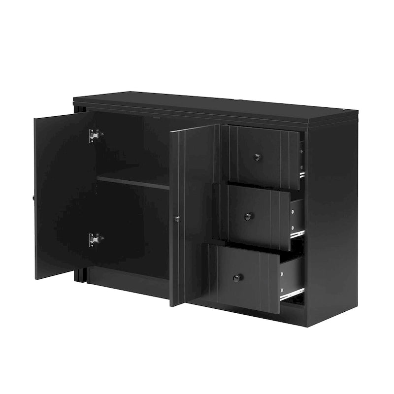 Buffet innovant avec 2 portes, 3 tiroirs et plateau coulissant réglable pour une utilisation flexible, idéal pour l'entrée et le salon