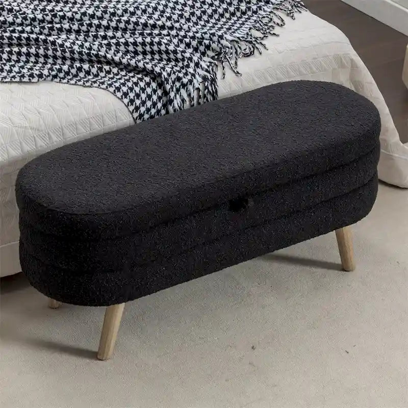 Banc de rangement en tissu bouclé avec pieds en bois pour chambre et salon