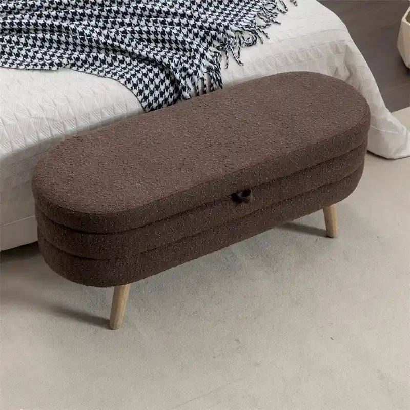 Banc de rangement en tissu bouclé avec pieds en bois pour chambre et salon