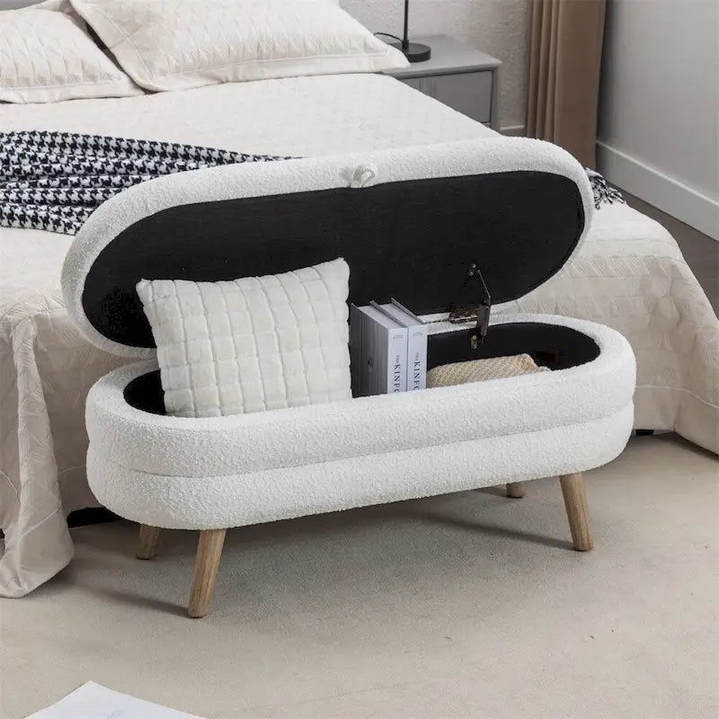 Banc de rangement en tissu bouclé avec pieds en bois pour chambre et salon