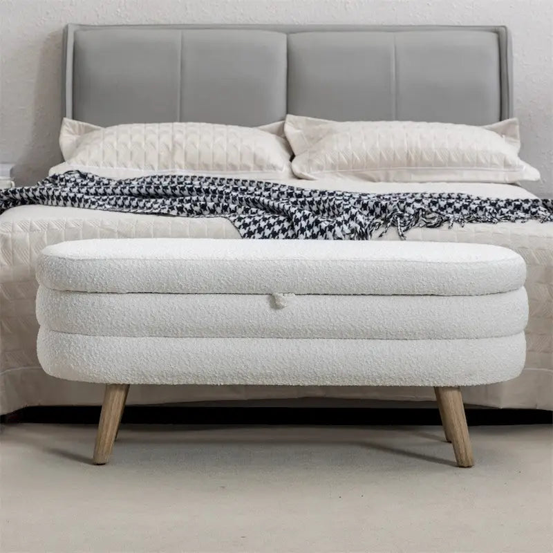Banc de rangement en tissu bouclé avec pieds en bois pour chambre et salon