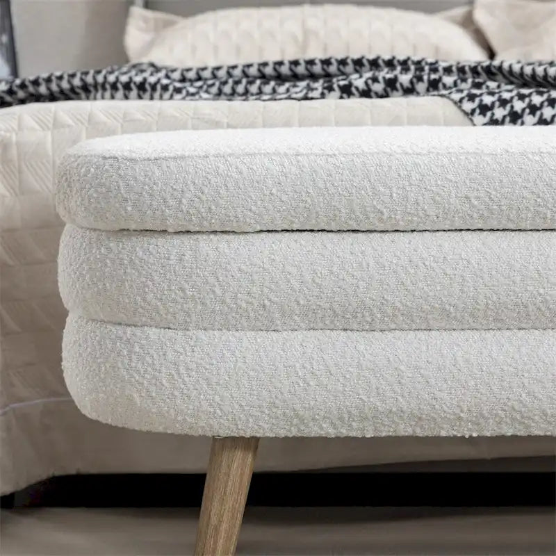 Banc de rangement en tissu bouclé avec pieds en bois pour chambre et salon