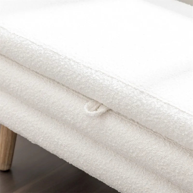 Banc de rangement en tissu bouclé avec pieds en bois pour chambre et salon