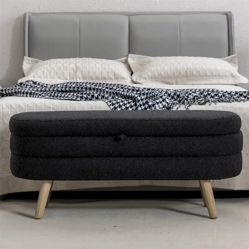 Banc de rangement en tissu bouclé avec pieds en bois pour chambre et salon
