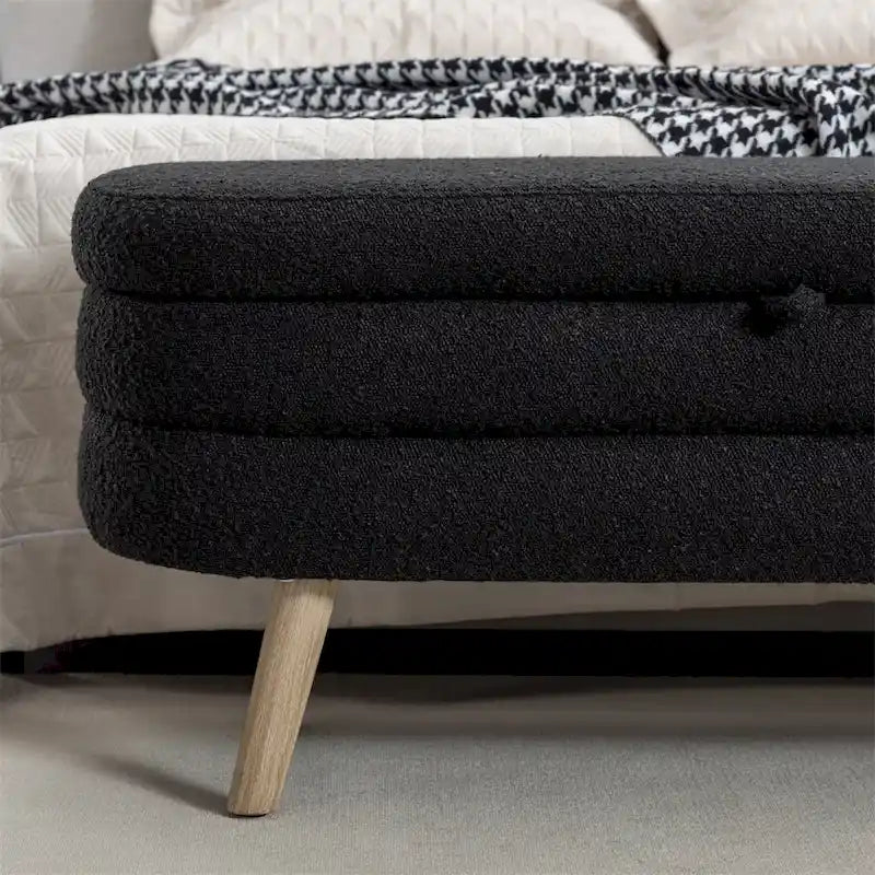 Banc de rangement en tissu bouclé avec pieds en bois pour chambre et salon