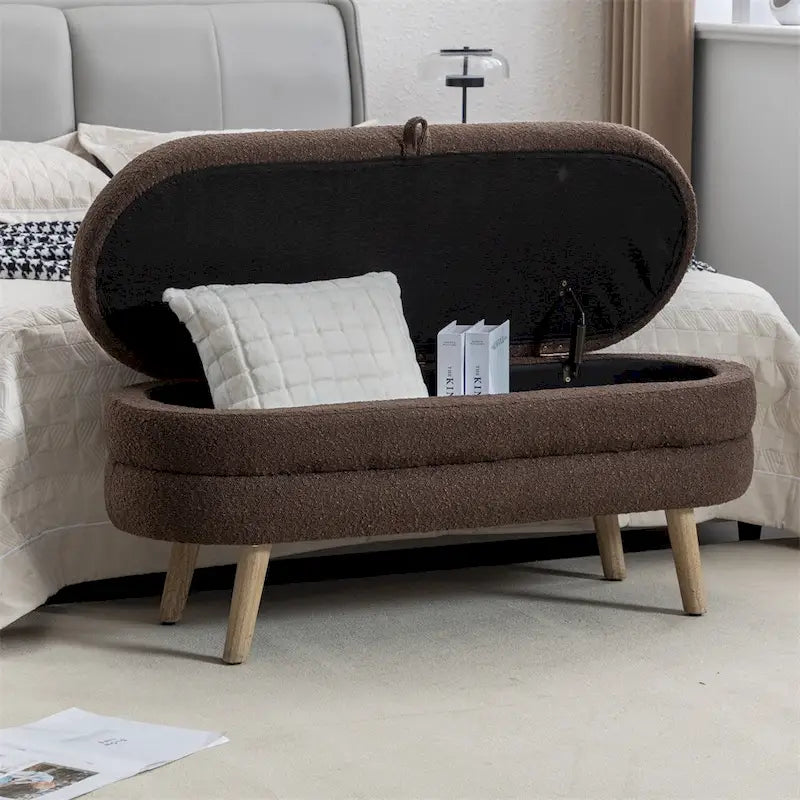 Banc de rangement en tissu bouclé avec pieds en bois pour chambre et salon