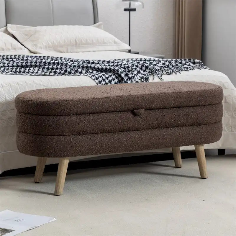 Banc de rangement en tissu bouclé avec pieds en bois pour chambre et salon