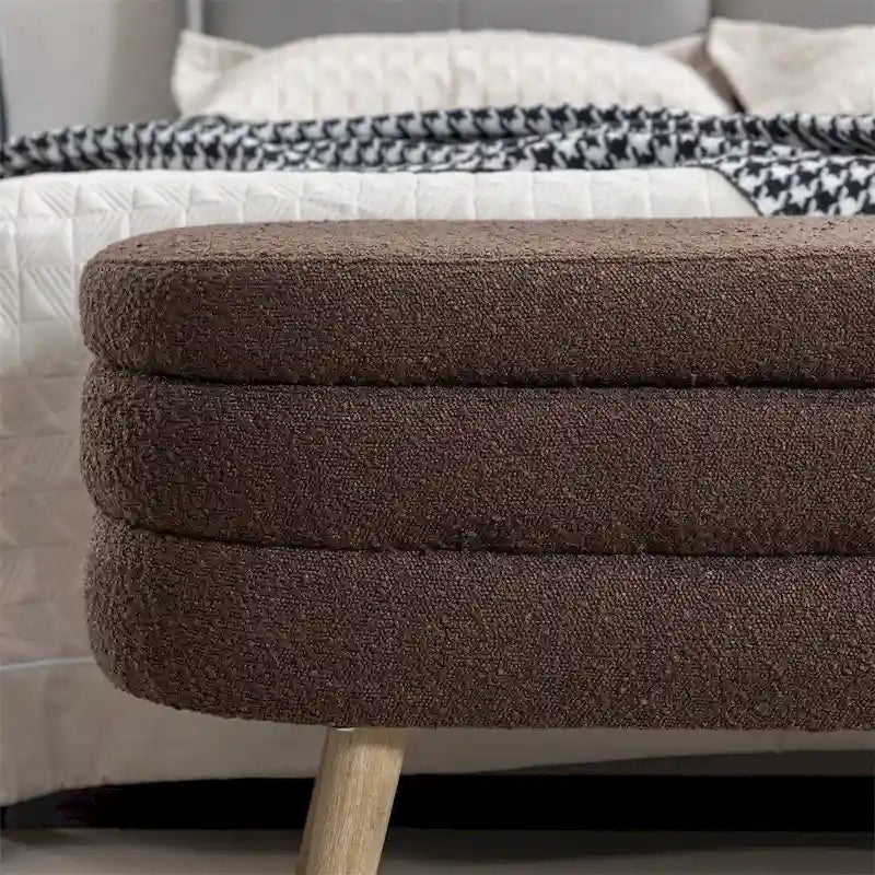 Banc de rangement en tissu bouclé avec pieds en bois pour chambre et salon