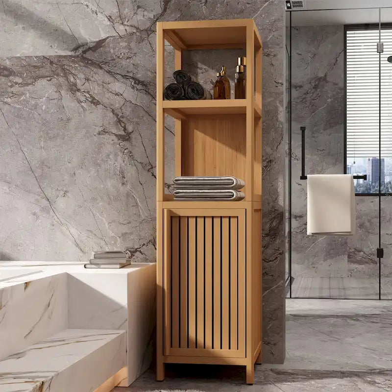 Armoire de rangement haute et étroite avec porte à volet roulant et 3 étagères, tour de rangement autoportante pour salon