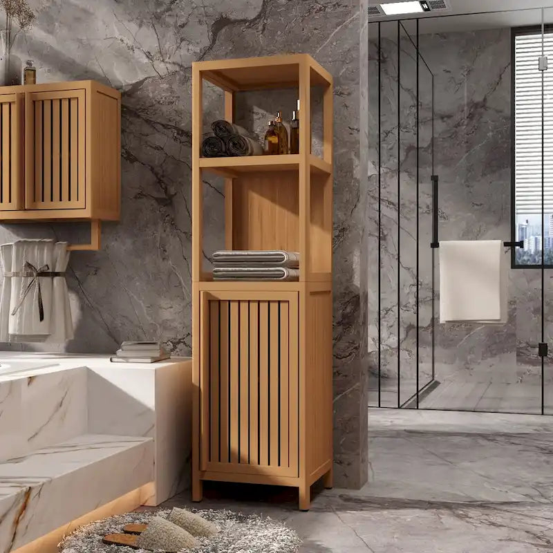 Armoire de rangement haute et étroite avec porte à volet roulant et 3 étagères, tour de rangement autoportante pour salon