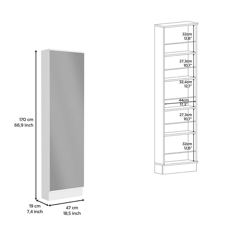 Meuble à chaussures Chimg, miroir, cinq étagères intérieures, armoire à porte unique