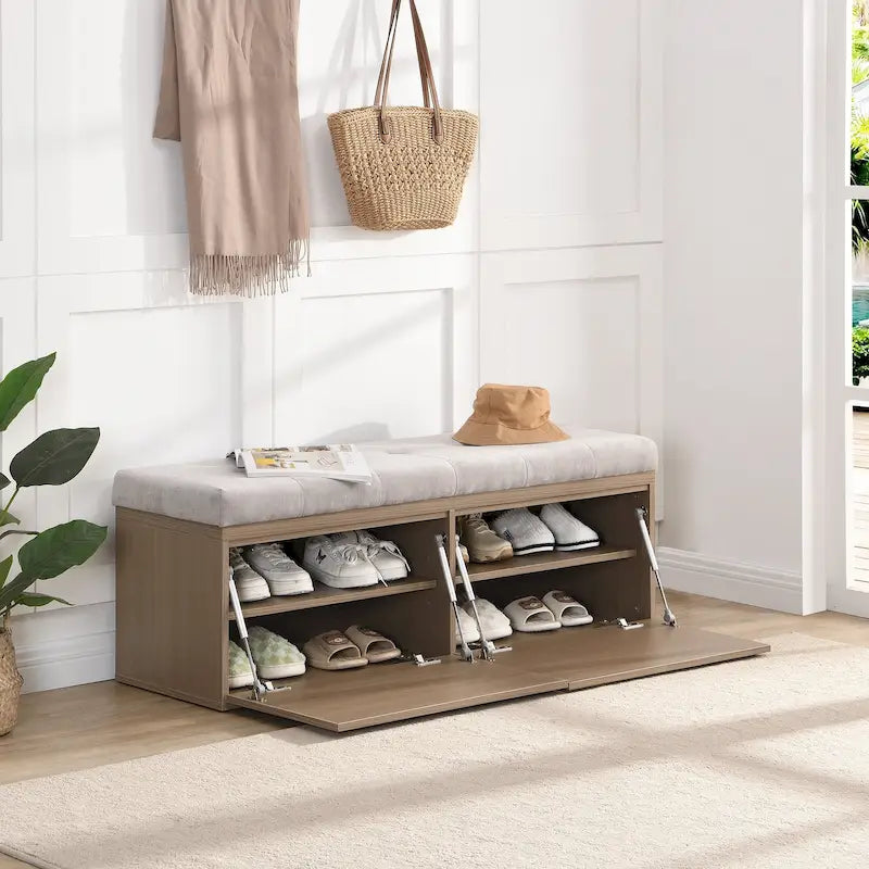 49 Banc de rangement pour chaussures, meuble à chaussures d'entrée, pouf de rangement avec coussin rembourré et portes doubles pour entrée, chambre à coucher