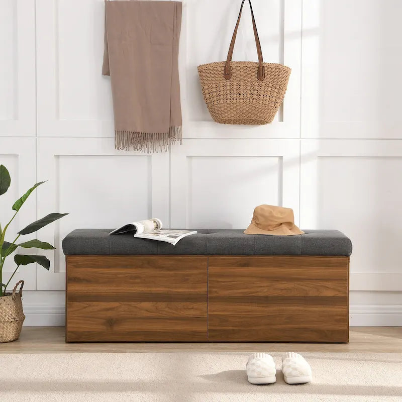 49 Banc de rangement pour chaussures, meuble à chaussures d'entrée, pouf de rangement avec coussin rembourré et portes doubles pour entrée, chambre à coucher