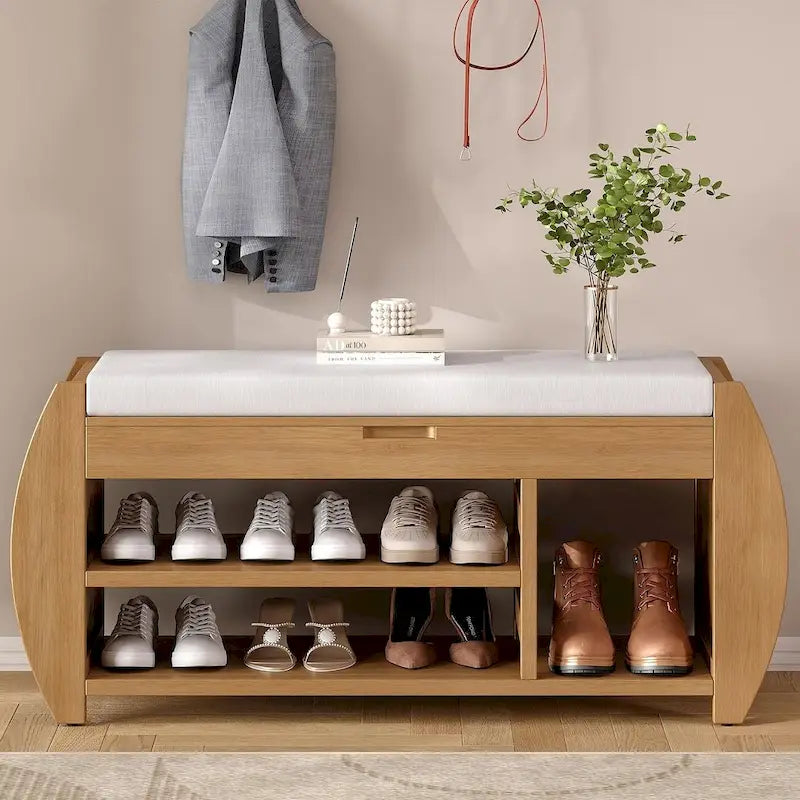 Banc de rangement multifonctionnel avec compartiment caché et étagère ouverte