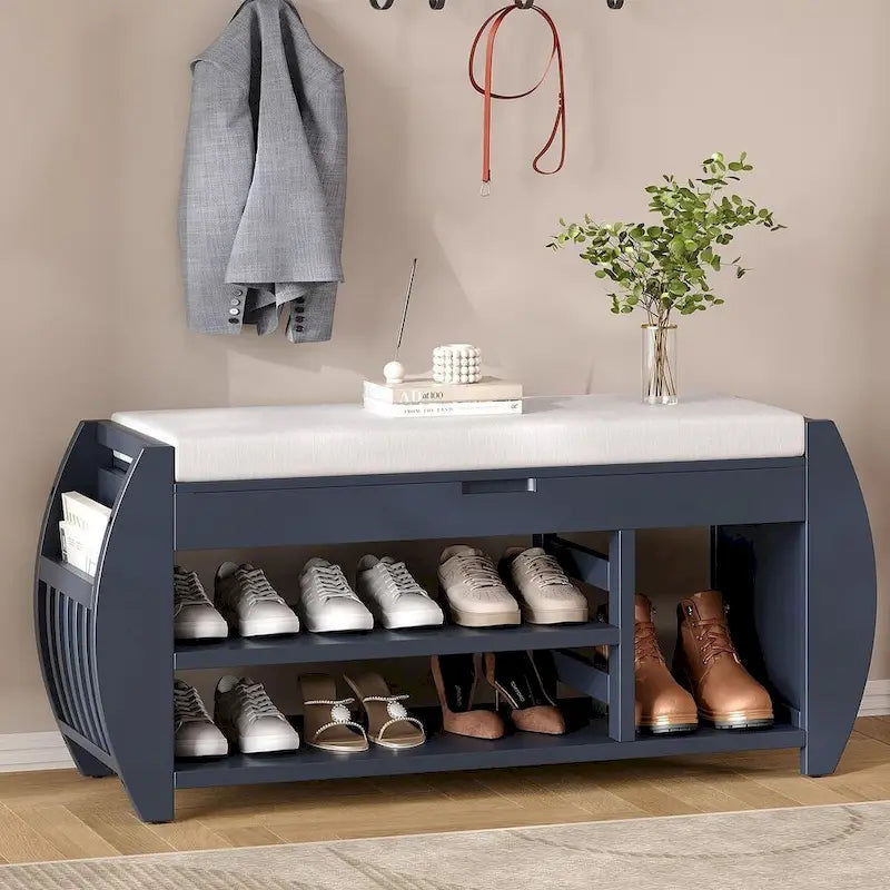 Banc de rangement multifonctionnel avec compartiment caché et étagère ouverte