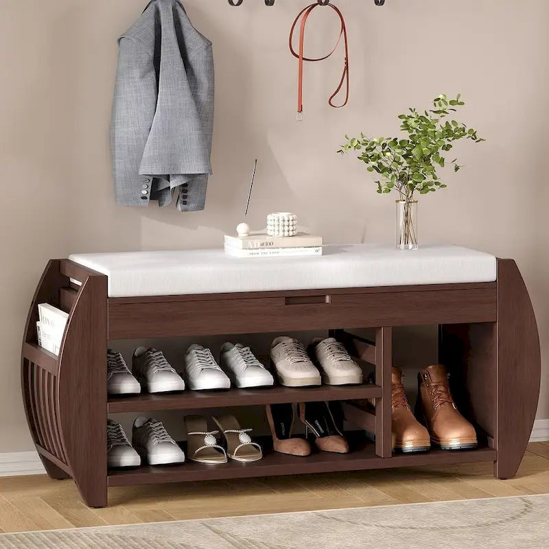 Banc de rangement multifonctionnel avec compartiment caché et étagère ouverte