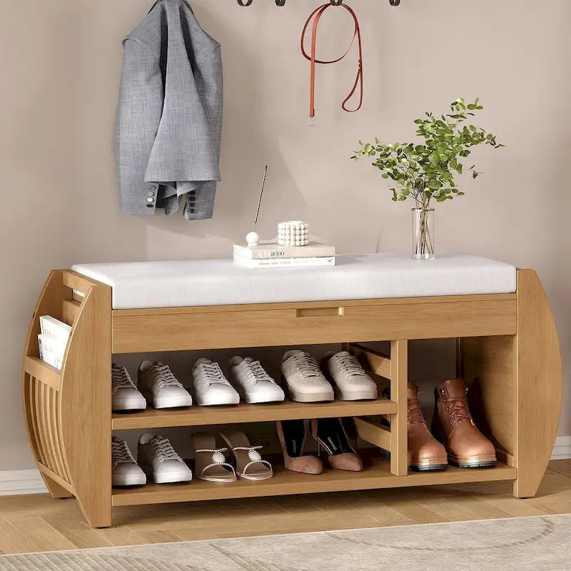 Banc de rangement multifonctionnel avec compartiment caché et étagère ouverte