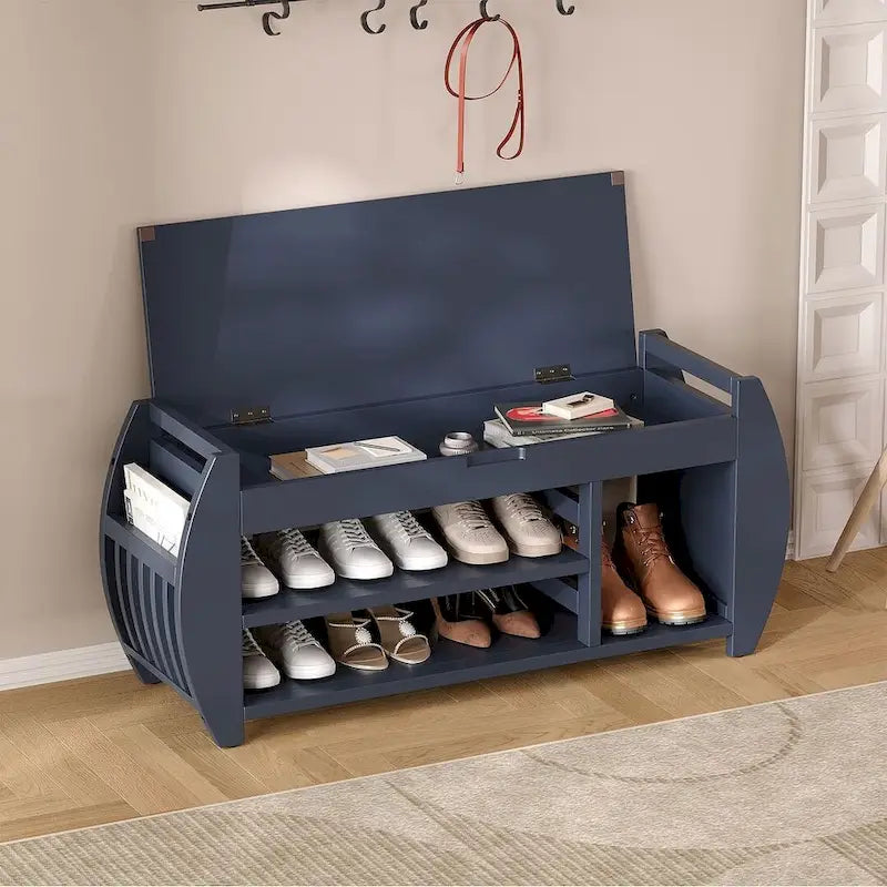 Banc de rangement multifonctionnel avec compartiment caché et étagère ouverte