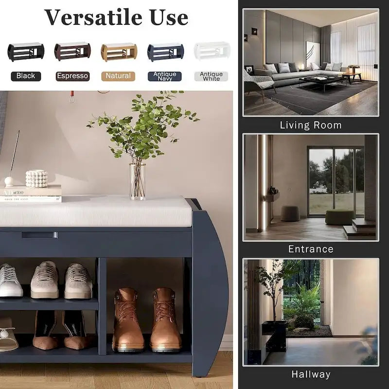 Banc de rangement multifonctionnel avec compartiment caché et étagère ouverte
