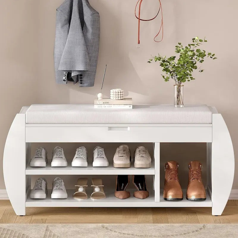 Banc de rangement multifonctionnel avec compartiment caché et étagère ouverte