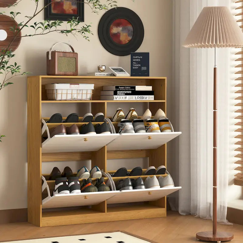 Meuble à chaussures avec 4 tiroirs abattants, Organisateur de rangement pour chaussures avec poignée Meuble à chaussures autonome avec dispositif anti-basculement