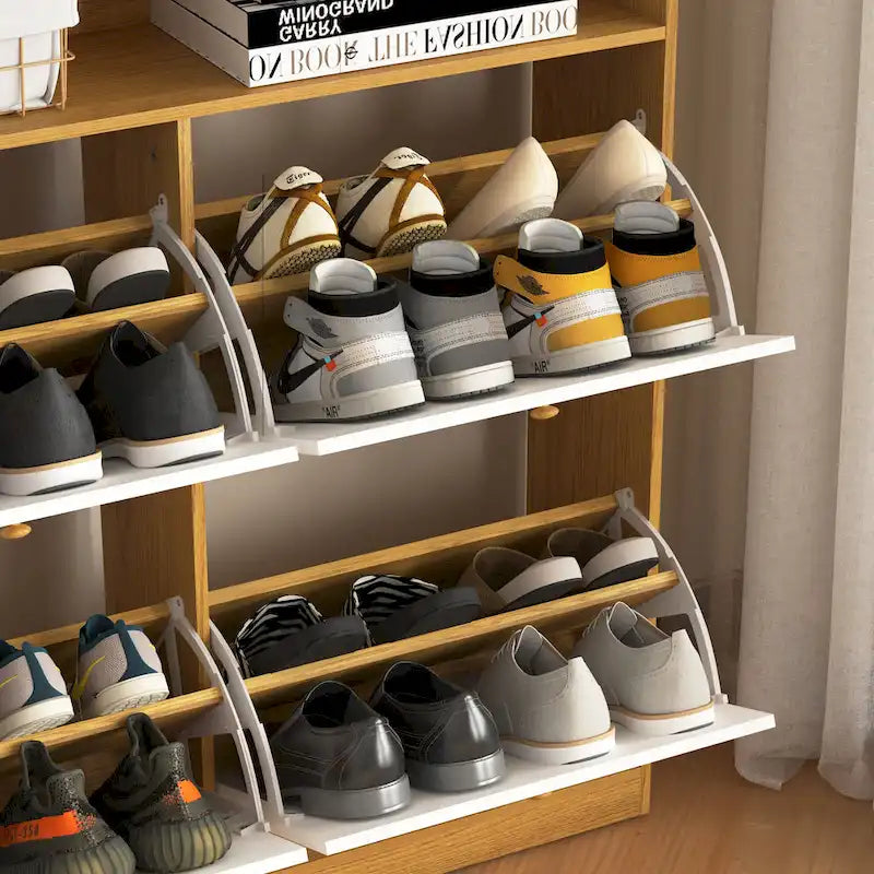 Meuble à chaussures avec 4 tiroirs abattants, Organisateur de rangement pour chaussures avec poignée Meuble à chaussures autonome avec dispositif anti-basculement