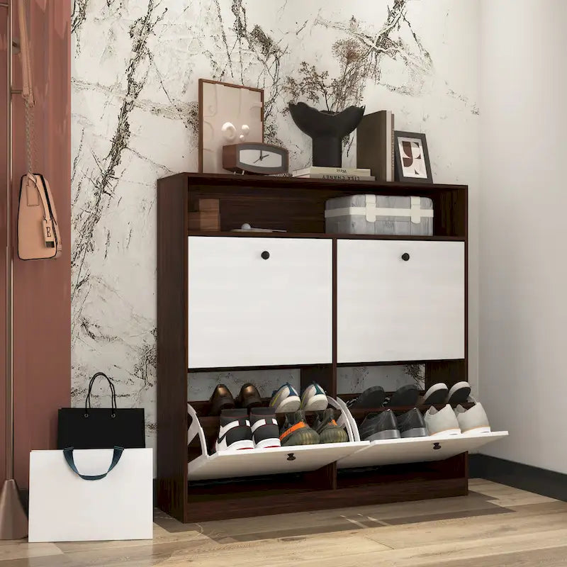 Meuble à chaussures avec 4 tiroirs abattants, Organisateur de rangement pour chaussures avec poignée Meuble à chaussures autonome avec dispositif anti-basculement