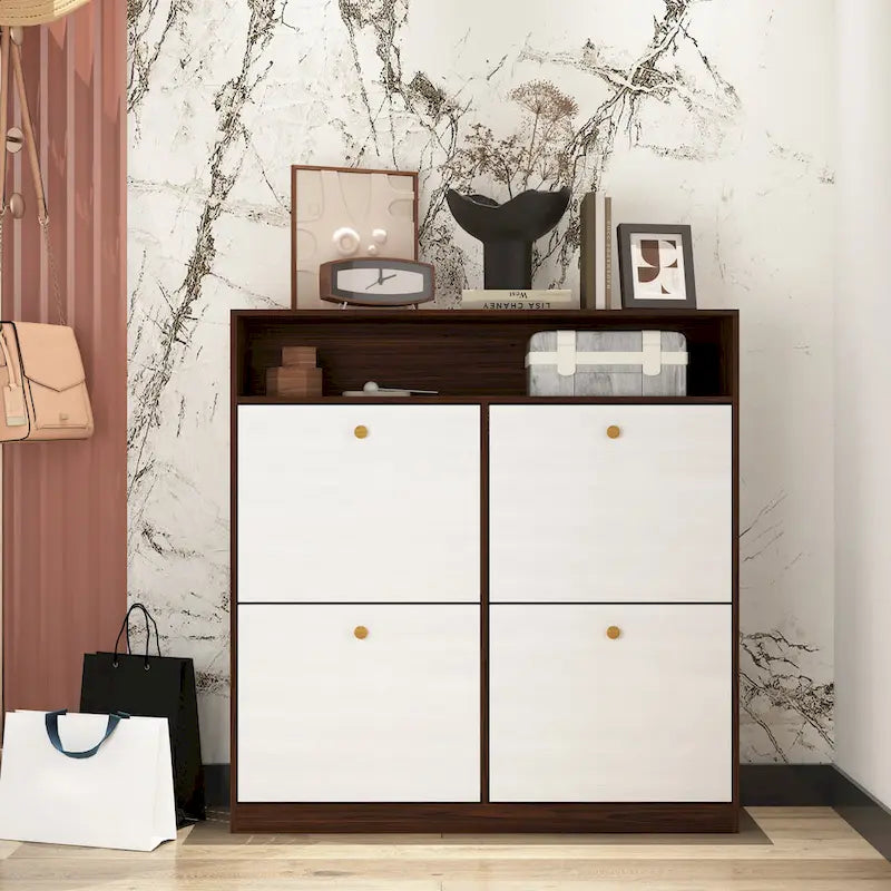 Meuble à chaussures avec 4 tiroirs abattants, Organisateur de rangement pour chaussures avec poignée Meuble à chaussures autonome avec dispositif anti-basculement