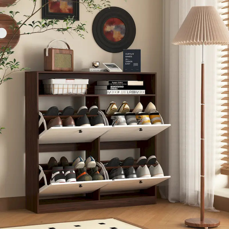 Meuble à chaussures avec 4 tiroirs abattants, Organisateur de rangement pour chaussures avec poignée Meuble à chaussures autonome avec dispositif anti-basculement