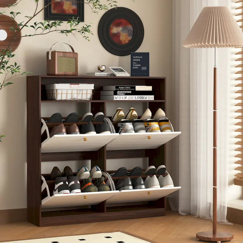 Meuble à chaussures avec 4 tiroirs abattants, Organisateur de rangement pour chaussures avec poignée Meuble à chaussures autonome avec dispositif anti-basculement