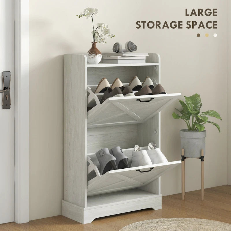 Meuble à chaussures fin, meuble à chaussures de style ferme avec 2 tiroirs basculants et étagères réglables pour 8 paires de chaussures